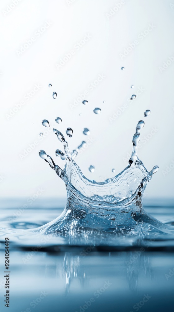 Poster water droplets splashing in slow motion, capturing the precise moment of impact, with clear reflecti