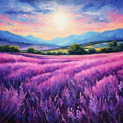Obraz premium The setting sun casts a warm glow over endless rows of lavender, creating a mesmerizing scene of purple hues and golden light. Distant mountains and soft clouds add to the beauty of nature s canvas.