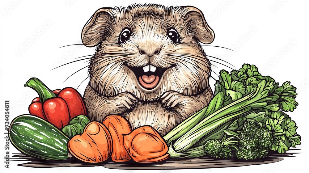 Canvas Prints a drawing of a hamster surrounded by vegetables and fruits, including carrots, broccoli, zucchini