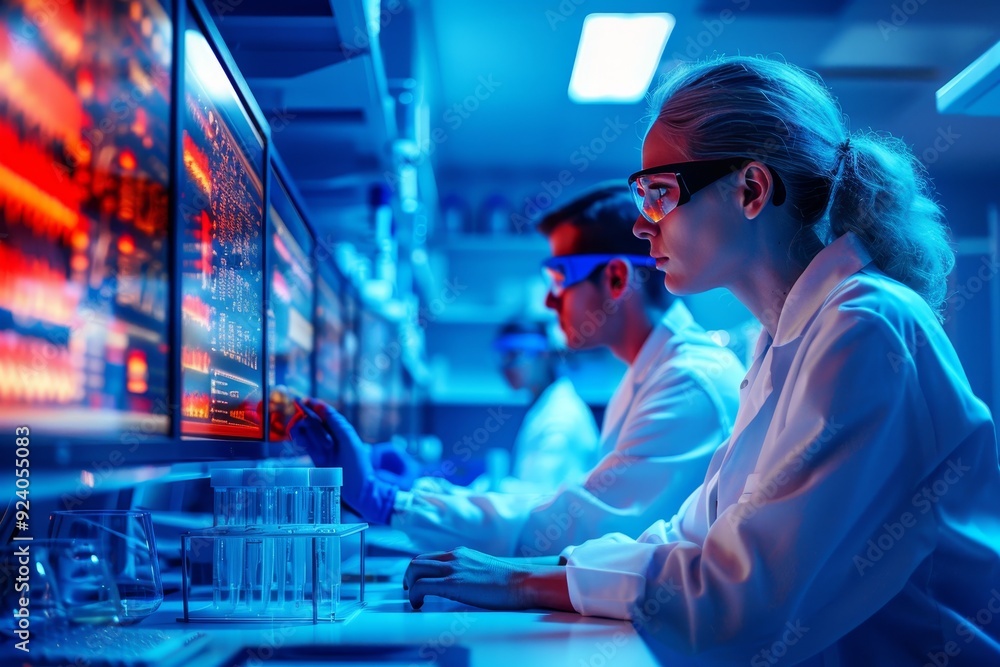 Poster dedicated researchers analyzing data in lab environment with chemical formulas background