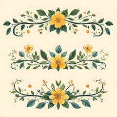 Three floral dividers with yellow flowers and green leaves on a cream background.