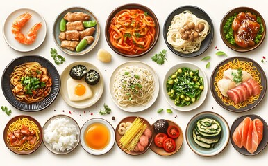 Various Asian dishes arranged on a white background.