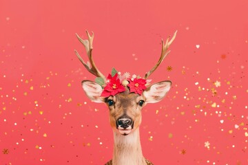 real reindeer with poinsettia floral crown on a coral red background with golden flying confetti