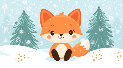   A cute little fox in snow with tree background and snowflakes on the ground
