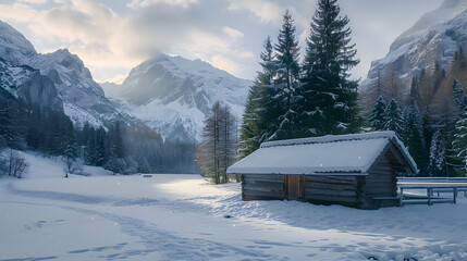 Cold winter scenery with chalet in the mountains