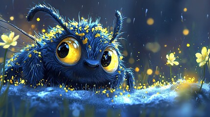   A blue bug with yellow eyes and flowers on its head, amidst a sea of green grass and yellow blooms
