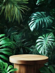 Wooden podium against a background of tropical leaves , ai