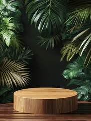 Wooden podium against a background of tropical leaves , ai