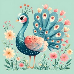 Naklejka premium Cute peacock with colorful flowers illustration.