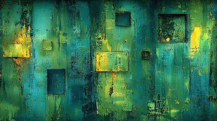   A green door with yellow and blue squares on its exterior and a yellow square on its interior is captured in a painting