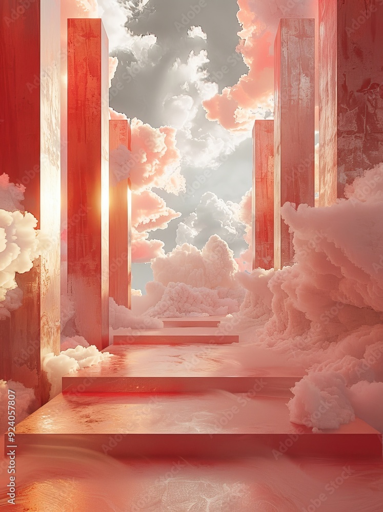 Poster staircase leading to heavenly clouds with light red architectural columns