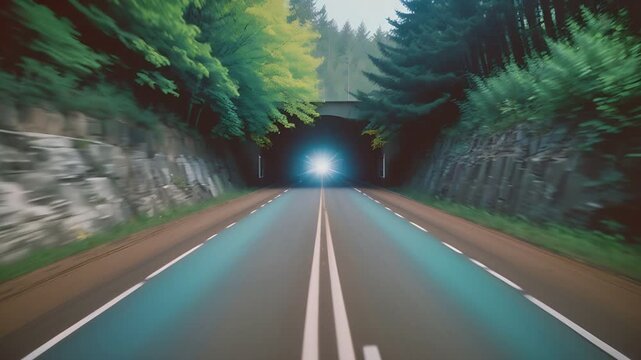 An ultra-fast first-person POV hyper-lapse rapidly speeding through a tunnel in a serene landscape, flipbook style