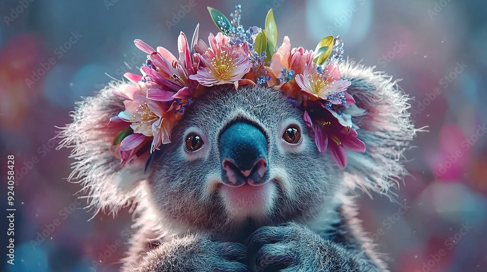 Wall mural   A koala wearing a flower crown is facing the camera and standing in front of a blurred background