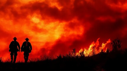 Fototapeta premium Firefighters in a field with a wildfire burning in the background.