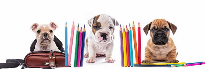 Back to School themed banner with  brown and white bulldog puppies, pencils, and backpacks on a white background.