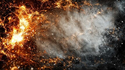   A monochromatic background featuring vibrant orange and yellow flames and haze on either side of the image, with the focus on the right side