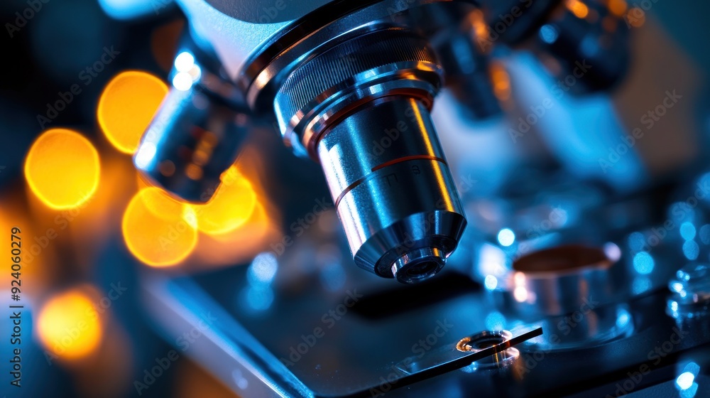 Poster Close-up of a Microscope Lens in a Laboratory Setting