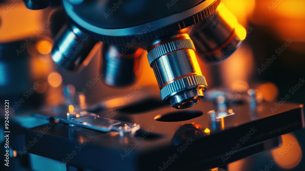 Poster Close-up of a Microscope Objective Lens with a Blurred Background