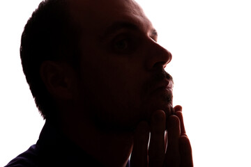 Sad man young unshaven business clothes silhouette - white background isolate