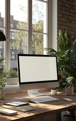 Fototapeta premium Desk Computer Screen Model on an Office Desk: A Modern Workspace Essential for Professional Efficiency and Connectivity