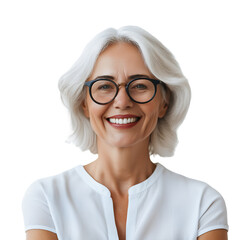 Portrait of mature Caucasian woman with gray hair and glasses, isolated on transparent background, cut out