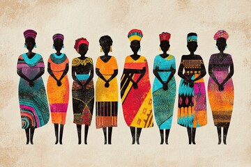 Naklejka premium group of stylized black women in vibrant traditional African attires standing side by side, light background, illustration. concepts: International Day for People of African Descent, African women.