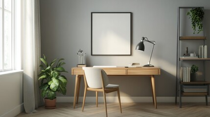 Modern Home Office Interior with Wooden Desk and Chair
