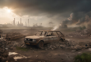Abandoned Car in a Post-Apocalyptic Industrial Wasteland