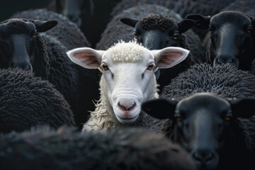 One white sheep standing out from the black sheep herd