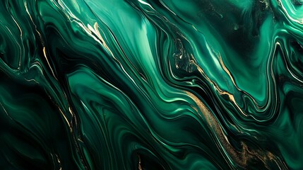 An amazing abstract dark green texture in a 3D vertical banner, showcasing a luxurious emerald hue. The oil marble design features a glowing effect with wavy, fluid patterns