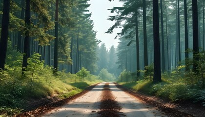 Sunlight shines through the treetops on the forest scenery on the winding path