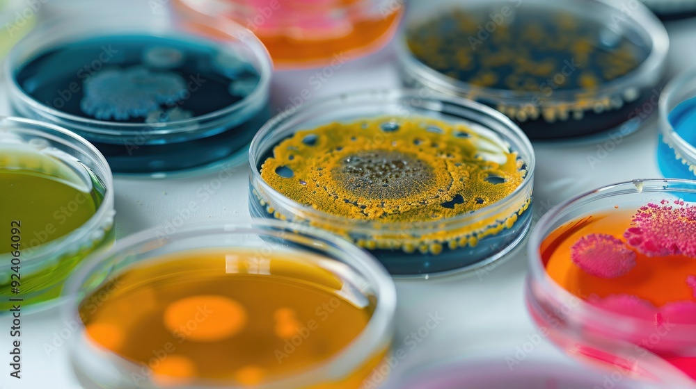 Poster microbial colonies on white background with space for text close up view of mold in petri dish for a