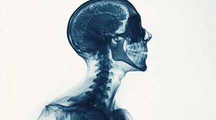 X-Ray Image of a Human Skull and Spine