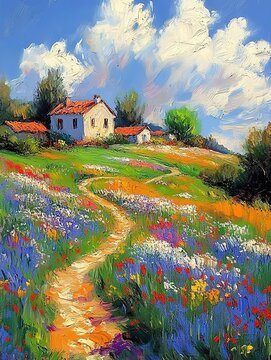The subject of this oil painting is a rural landscape depicting a colorful flower field with a winding path