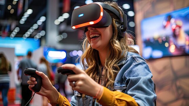 An interactive gaming expo with developers showcasing the latest video games, attendees engaging in immersive experiences and virtual worlds