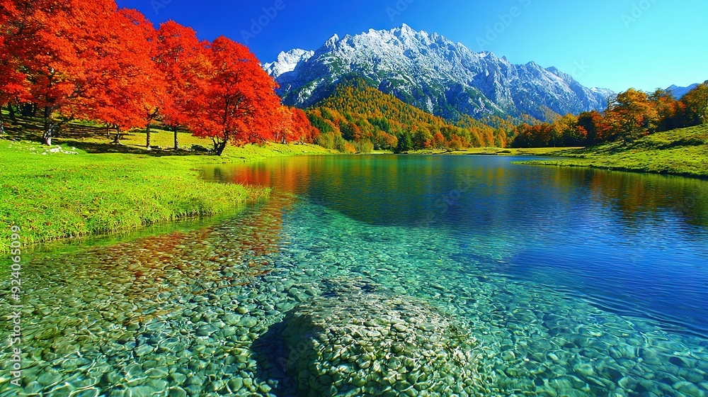 Sticker   A serene pond surrounded by lush greenery and vibrant red foliage against the backdrop of majestic mountains and a stunning blue sky overhead