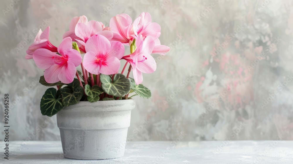 Wall mural potted pink cyclamen flower on light backdrop