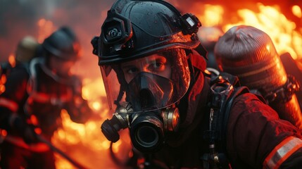 A firefighter walks down the street and stops in front of a blazing building.
