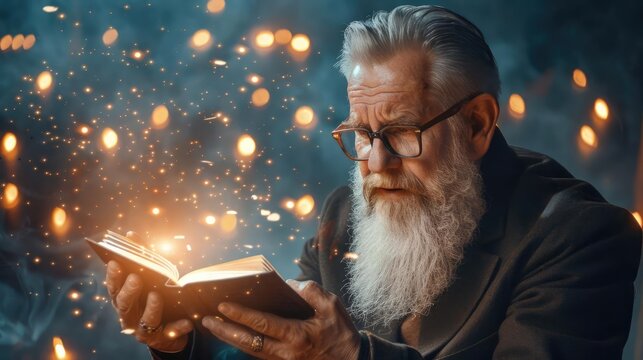 A wise elder lending a magical book to a young adventurer, the book glowing with ancient runes, in a mystical library filled with floating candles