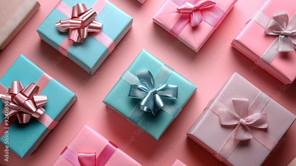 Poster   A collection of pink and blue gift boxes adorned with pink bows stacked atop pink and blue boxes, each topped with a pink bow