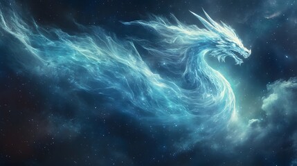 A celestial dragon made of stardust and cosmic gas swirls across the night sky.