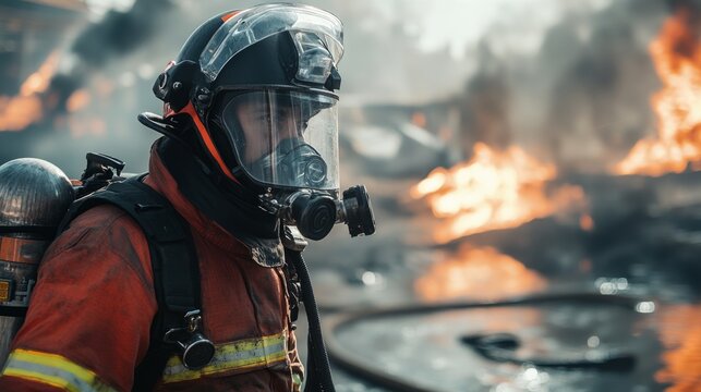 A firefighter walks down the street and stops in front of a blazing building.