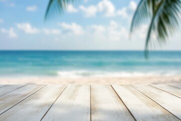 Fototapeta premium White wooden table top with blurred beach background for product display presentation