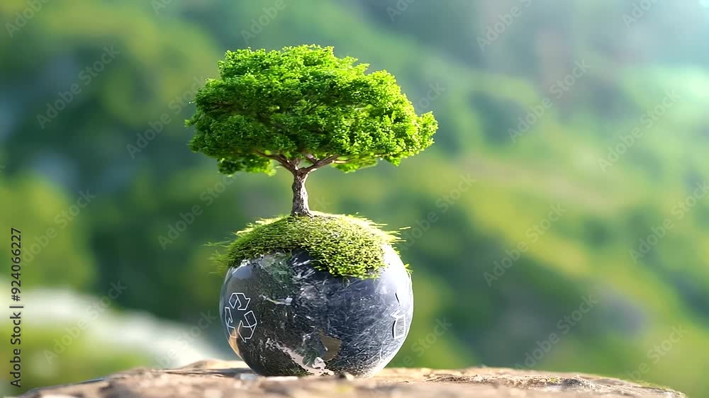 Poster capture the essence of a green earth concept with a tree emerging from a globe