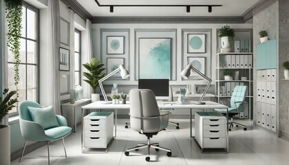 An modern office with monochromatic color scheme of white and soft gray, energized by bold turquoise