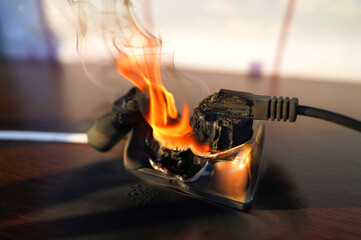 Fire socket of electricity plug switch. Burning socket. Outlets, plug in fire. Short circuit in...