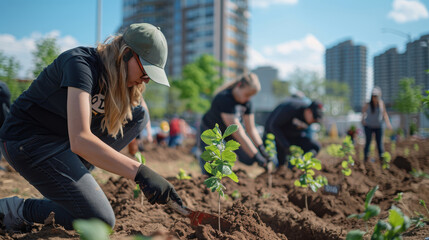 Urban community volunteers planting trees in city park