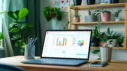 A cozy home office setup with a laptop displaying a content calendar, a tablet with social media metrics, and a vision board with digital marketing goals