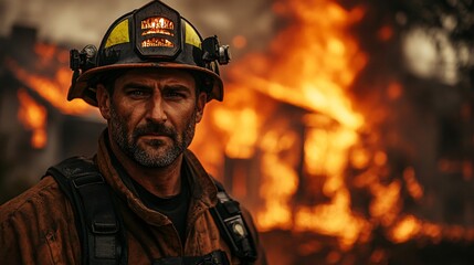 Fototapeta premium Portrait of a fireman at the scene of a house fire