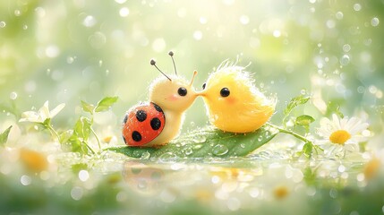   A few ladybugs rest atop a sun-kissed leaf together